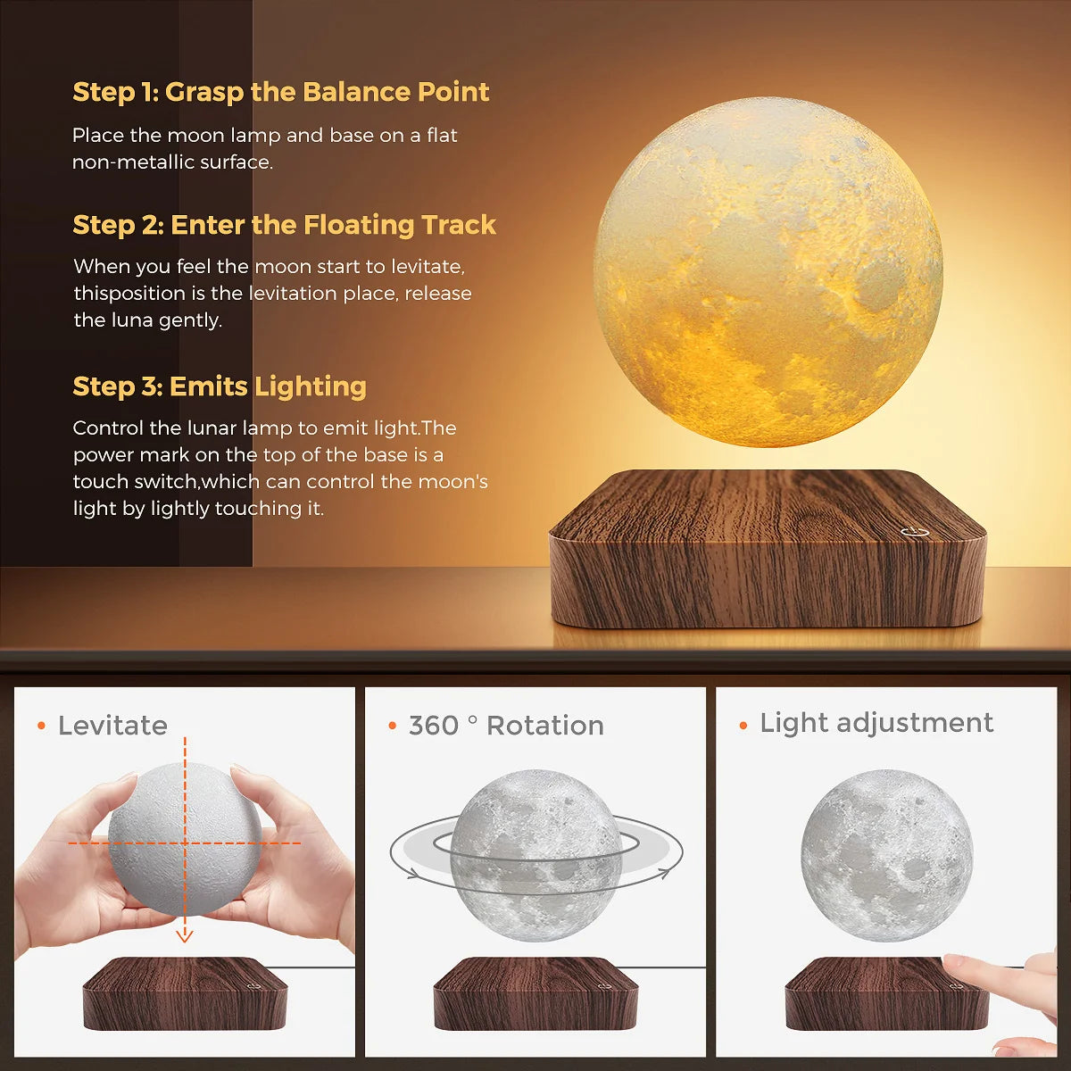 Magnetic Floating Moon Night Light Lamp and Levitating Bulb with 3 Colors.