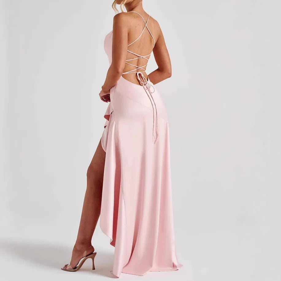 Vestido Elegante Para Mujer Con Volantes En La Espalda y Tirantes Alisados.