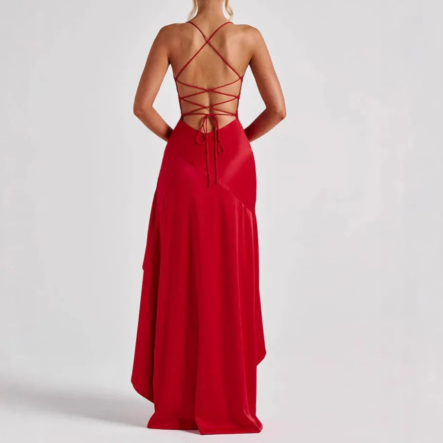 Vestido Elegante Para Mujer Con Volantes En La Espalda y Tirantes Alisados.